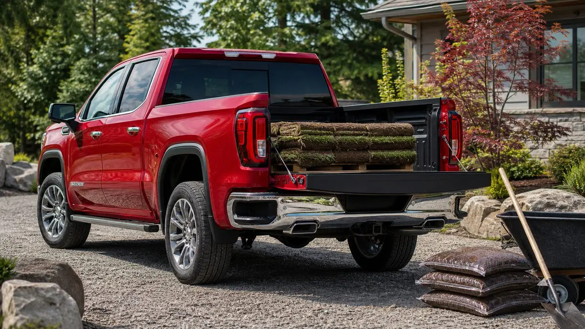 A red GMC Sierra truck unloading landscaping supplies