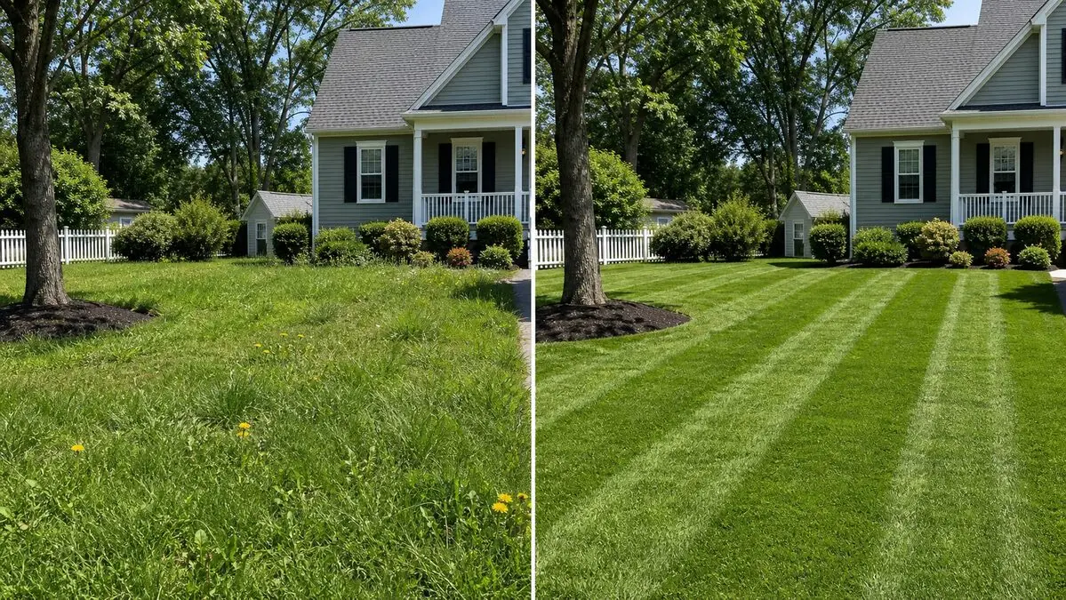 Lawn maintenance before and after comparison