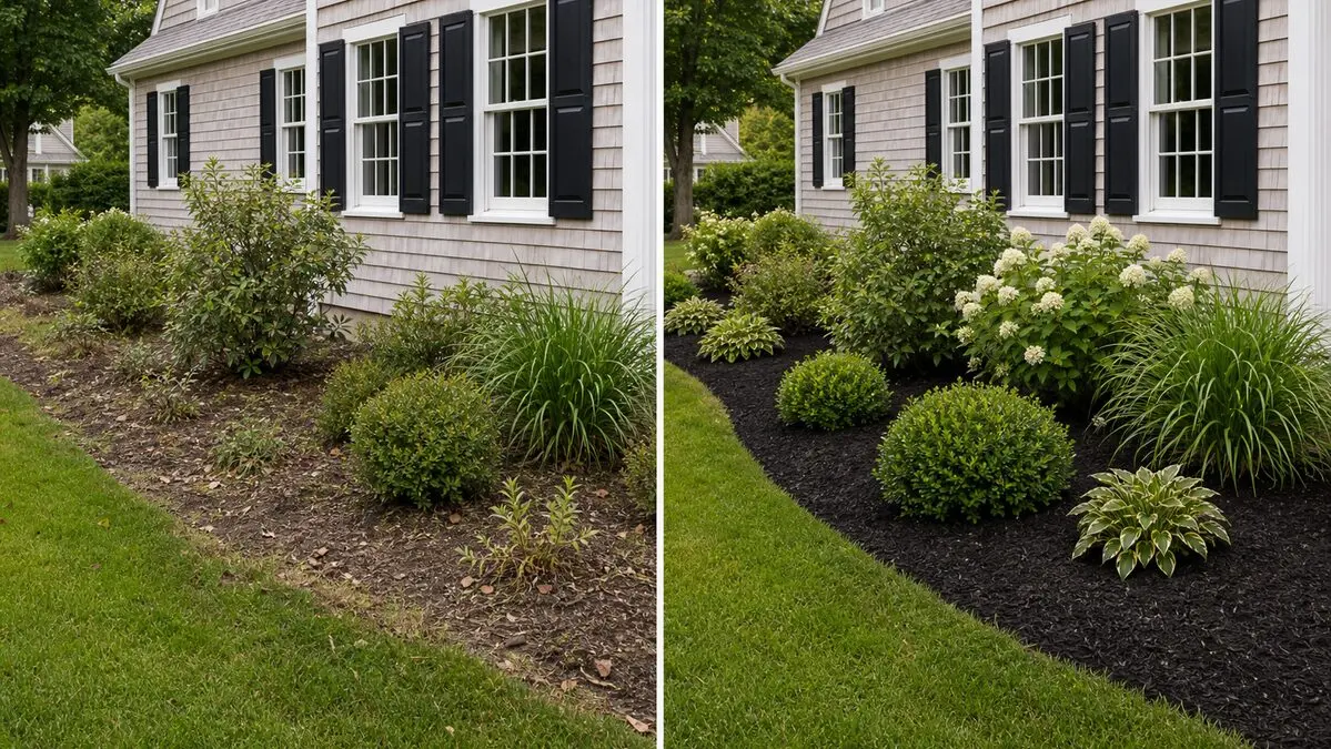 Mulching and beds before and after comparison